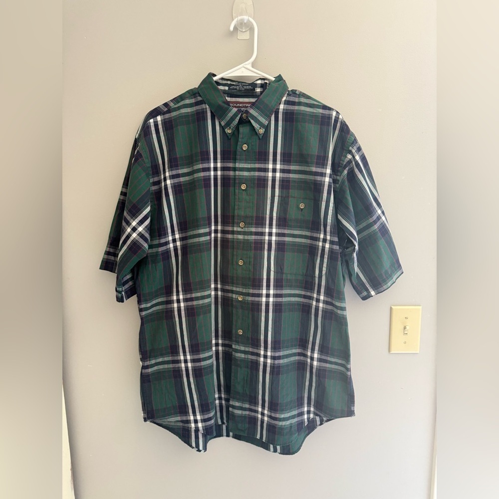 Roundtree & Yorke Short Sleeve Button Up Shirt Mens SZ L Green Navy Plaid Dressy